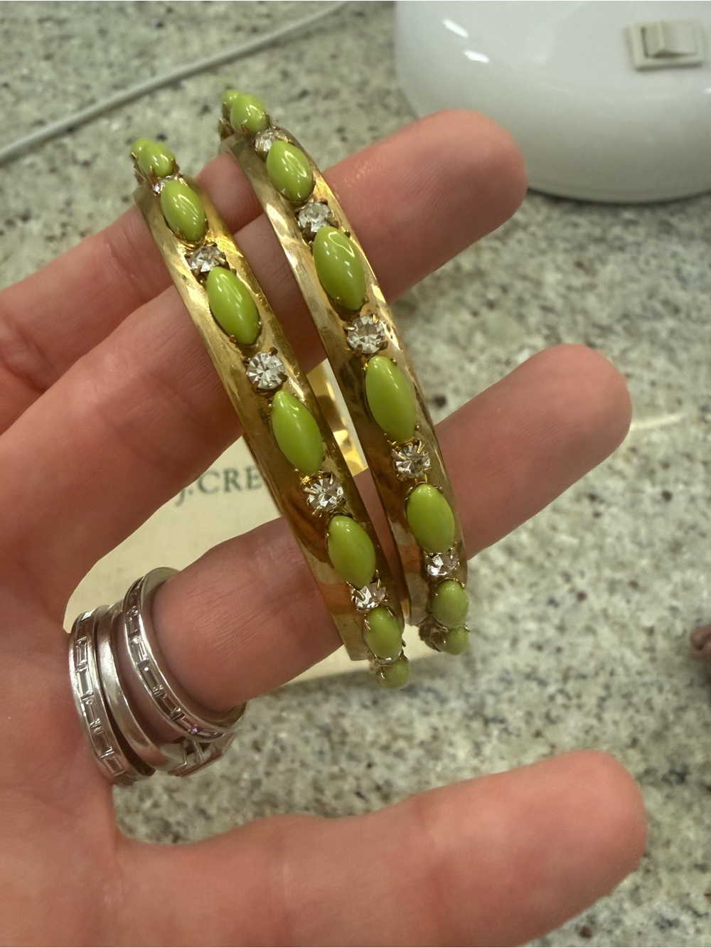 J Crew Gold bangle set with Green Stones and Clear Crystals